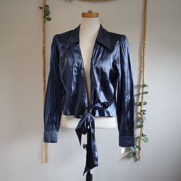 NWT Vintage Conrad C Collections Satin Blue Wrap Blouse Size 8 - Picture 1 of 10